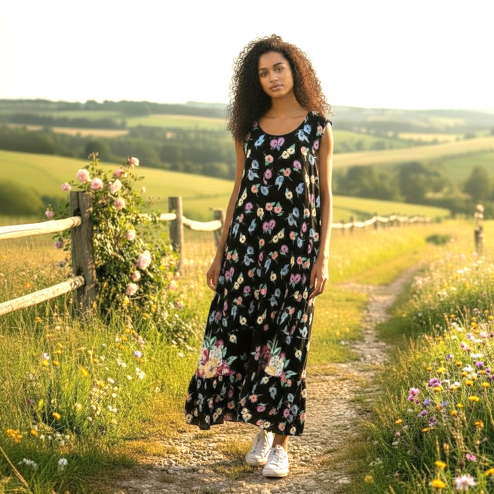 VTG Victoria Holly Maxi Floral Dress PL‎ Crinkle Sheer Boho Cottage Core Y2K 90s